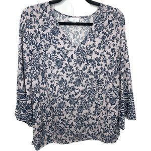 J. Jill | Women’s Pink & Navy Floral V-neck 3/4 Length Bell Sleeve Top